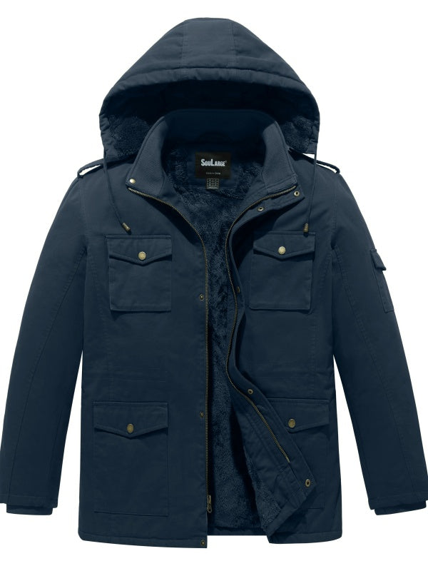 Soularge Men's Big and Tall Multi Pockets Windbreaker Warm Winter Jacket