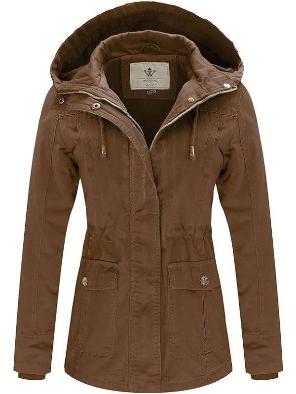 Women's Cotton Military Jacket Lightweight Casual Anorak Coat with Hood
