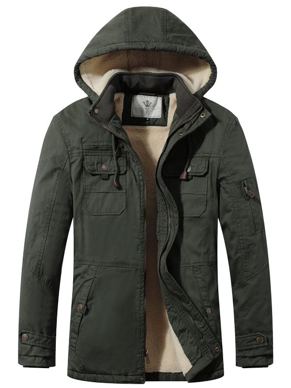 Men's Winter Sherpa Parka Mid Length Thicken Military Style Warm Jacket with Removable Hood