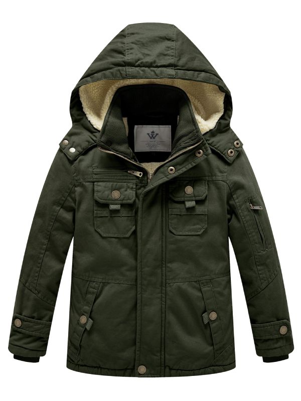 Boy's Winter Sherpa Jacket Heavy Twill Cotton Military Coat