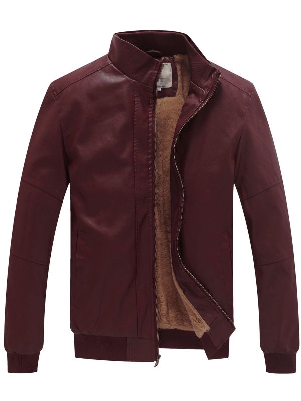Men's Stand Collar Fleece Lined Bomber Faux Leather Jacket
