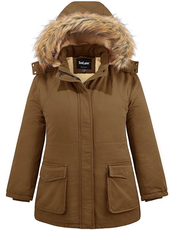 Soularge Women's Winter Plus Size Sherpa Lined Jacket with Detachable Hood