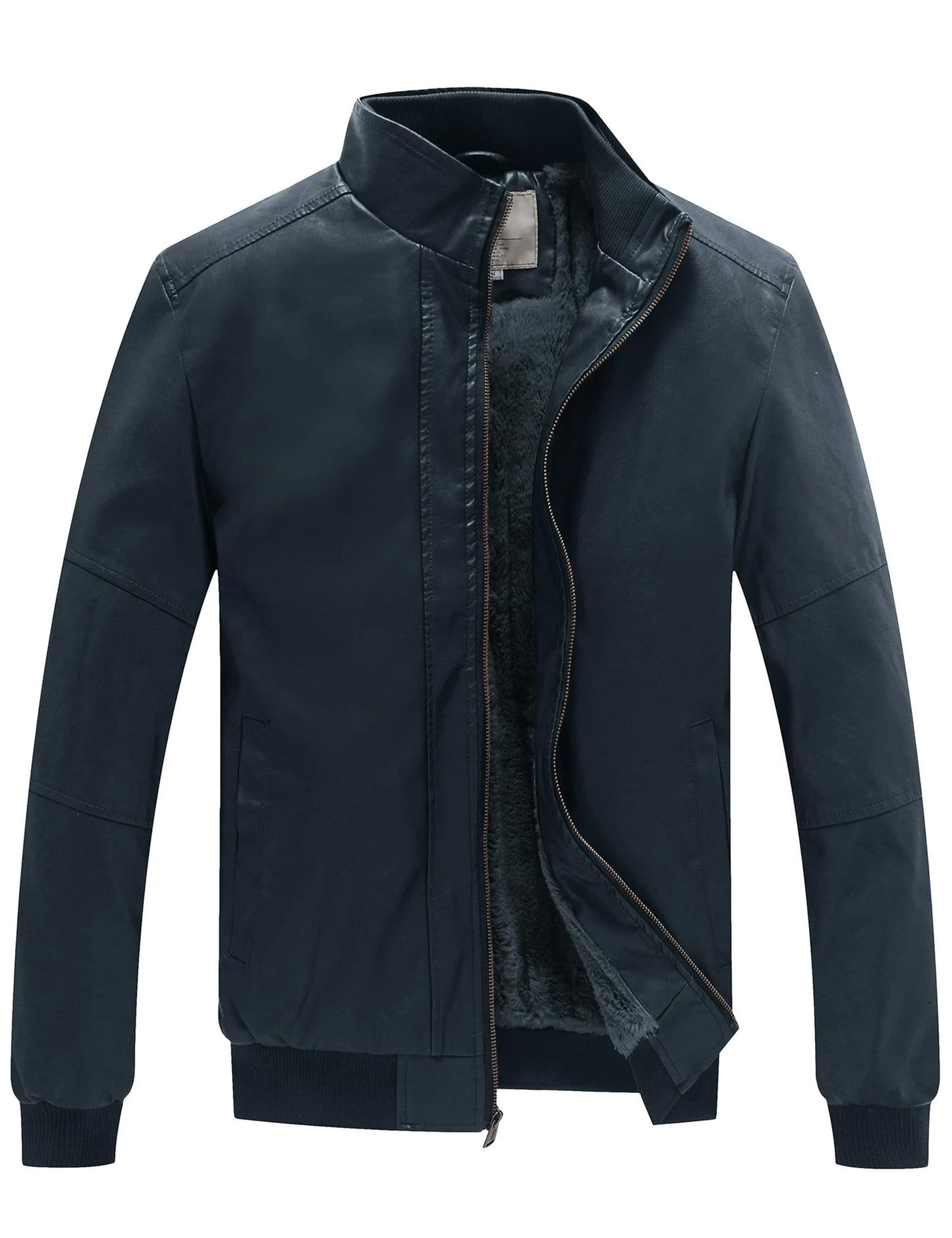 WenVen Men's Stand Collar Fleece Lined Faux Leather Jacket Warm Winter Coat