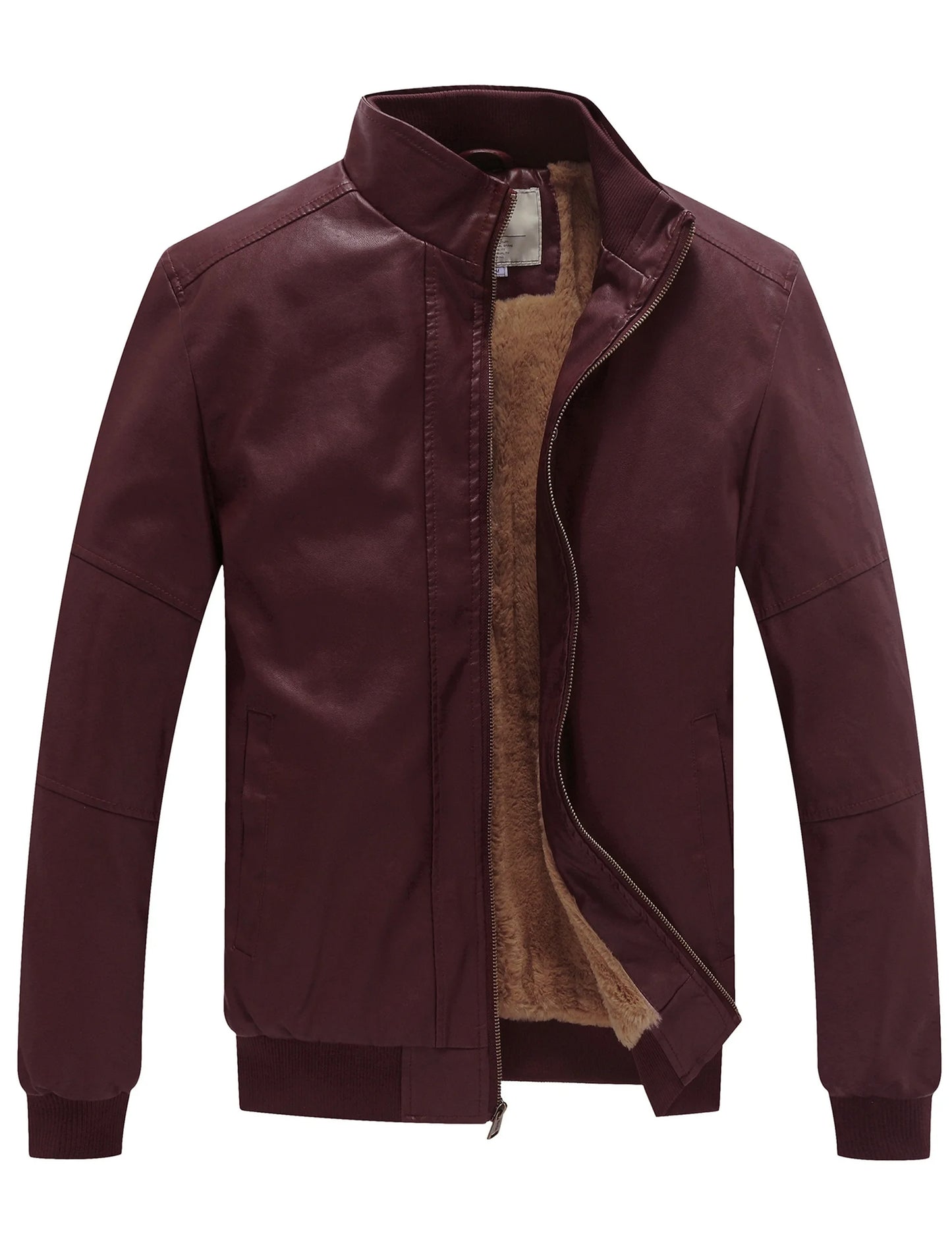 WenVen Men's Stand Collar Fleece Lined Faux Leather Jacket Warm Winter Coat
