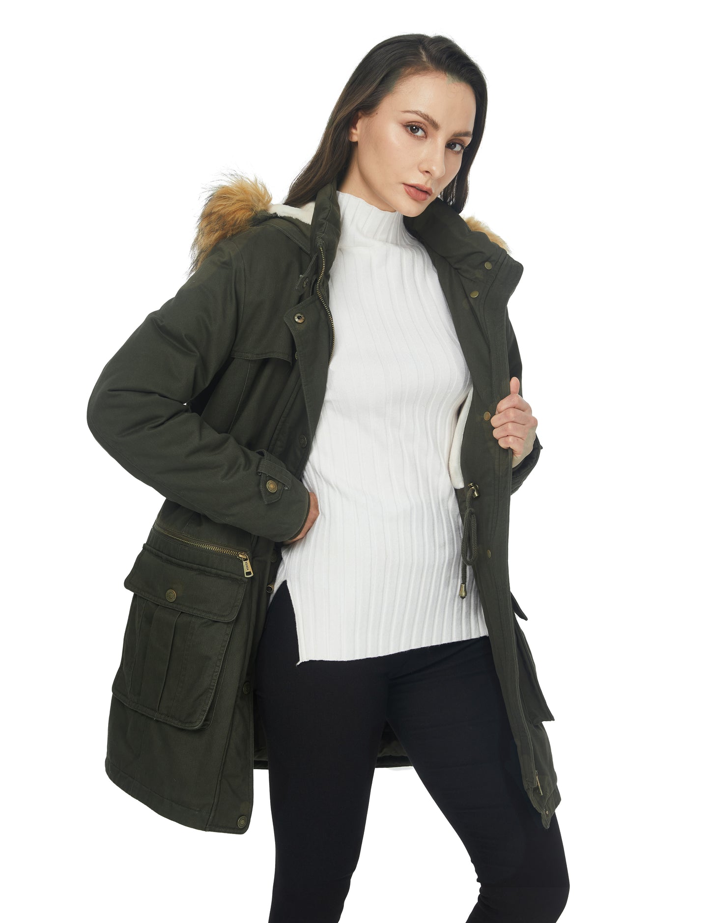 Women's Winter Warm Military Parka Jacket with Detachable Faux fur Hood