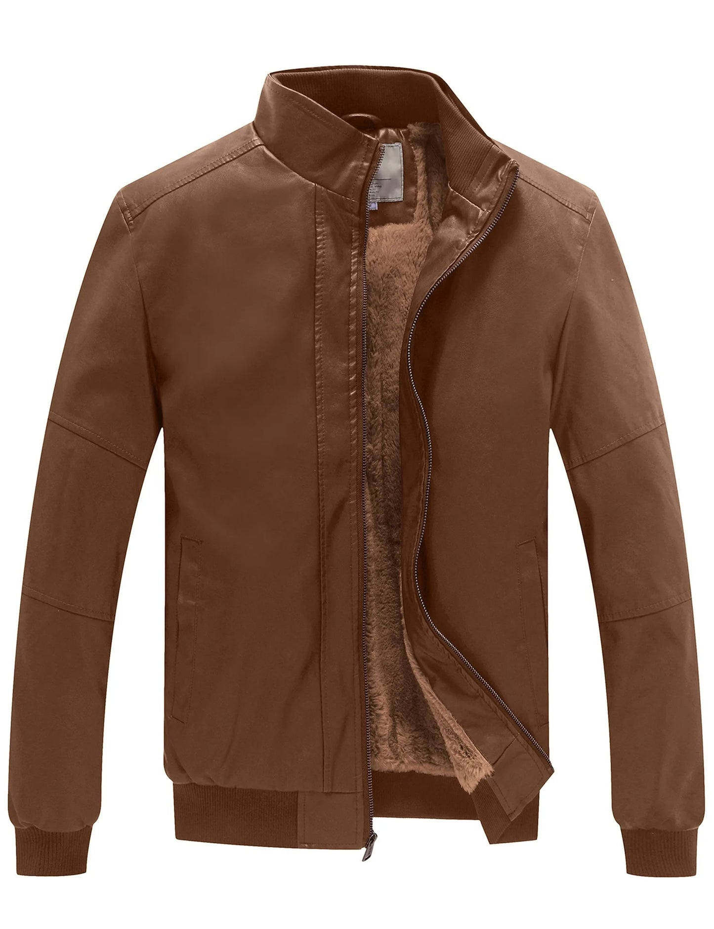 WenVen Men's Stand Collar Fleece Lined Faux Leather Jacket Warm Winter Coat