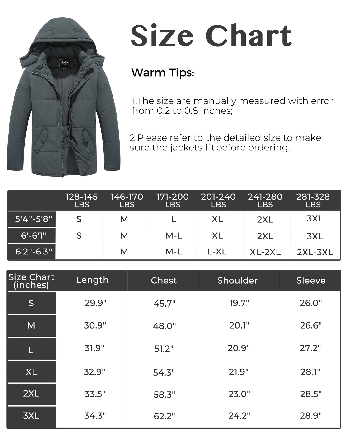 Ampake Men's Winter Warm Parka Coat Thicken Padded Puffer Jacket with Removable Hood