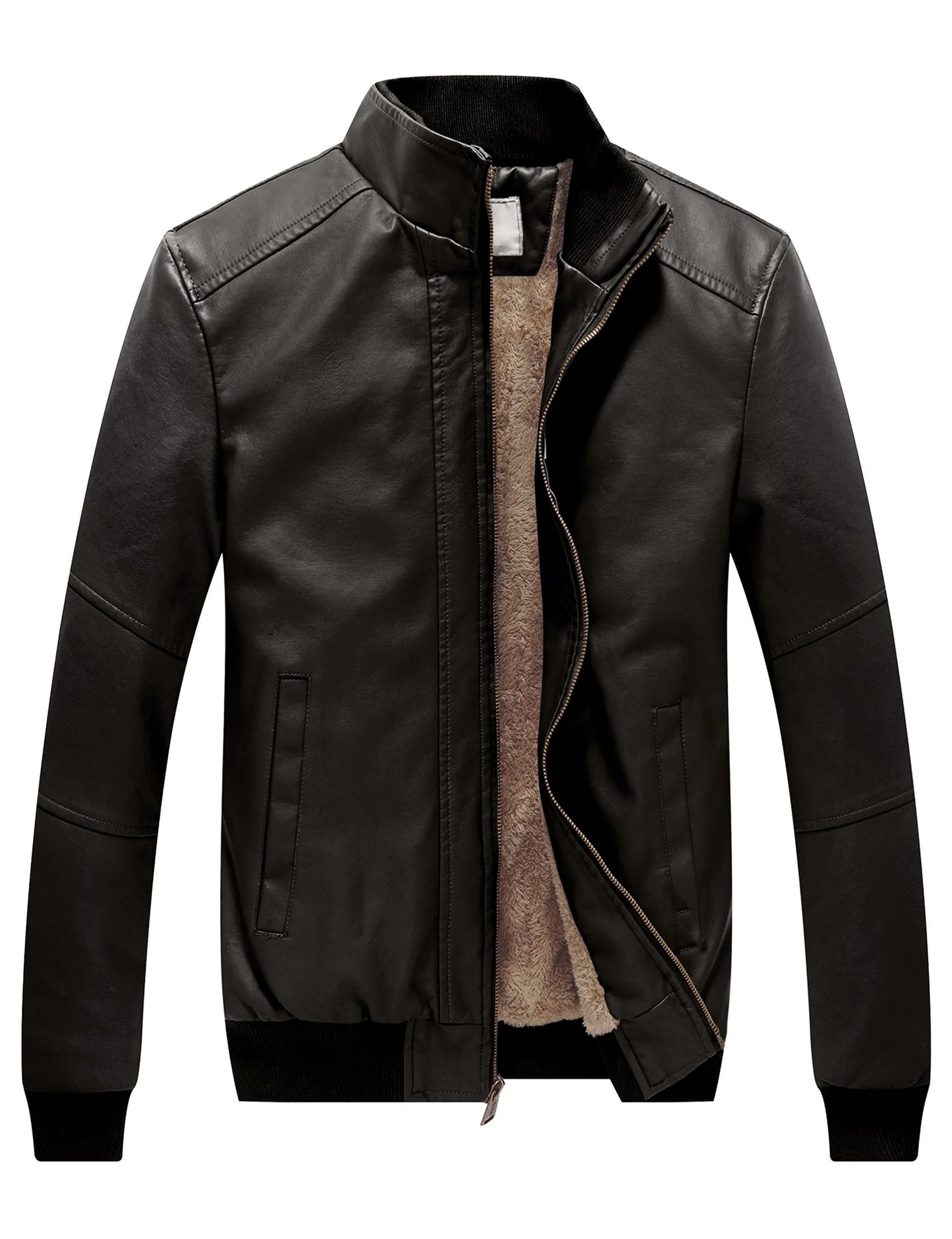 WenVen Men's Stand Collar Fleece Lined Faux Leather Jacket Warm Winter Coat