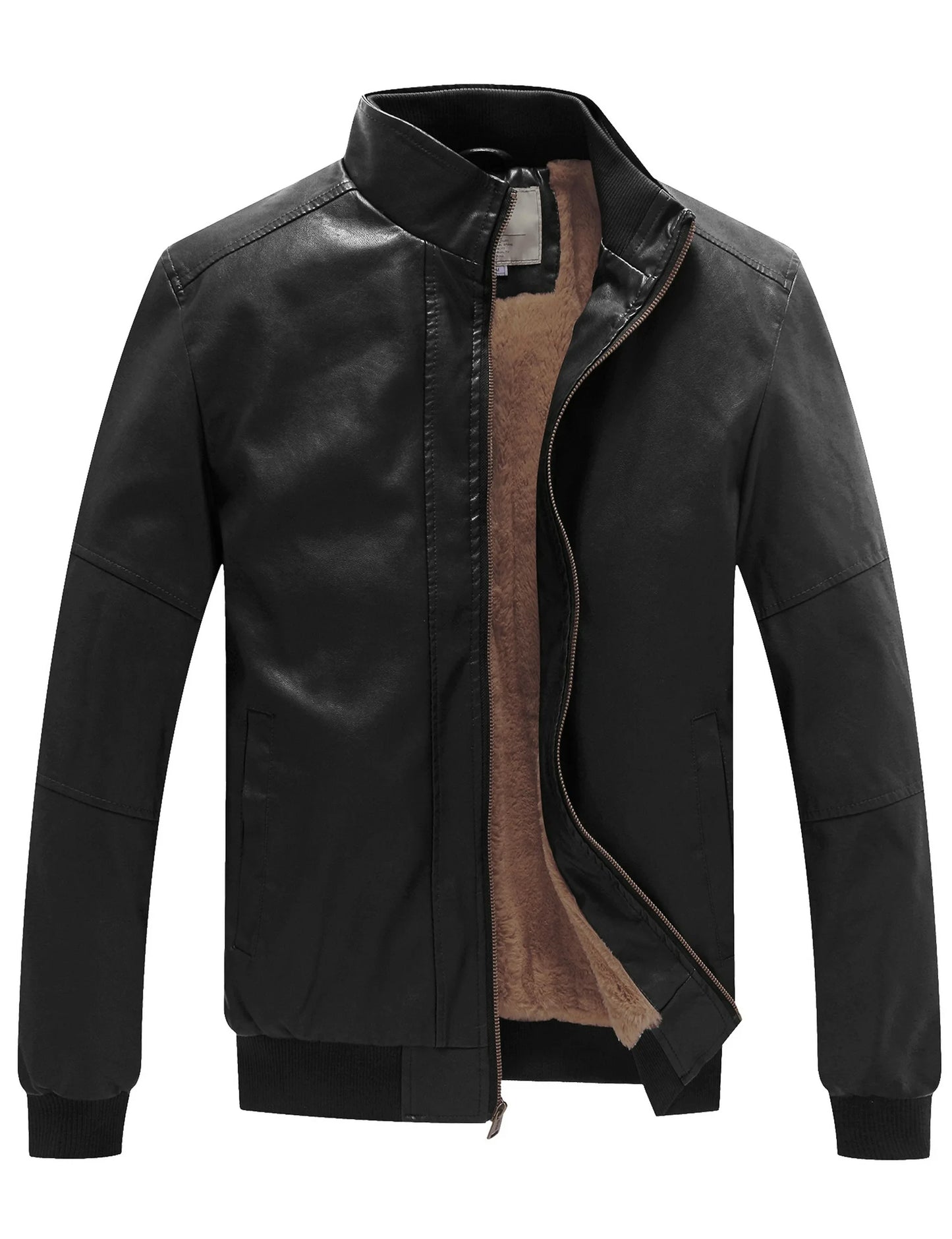 WenVen Men's Stand Collar Fleece Lined Faux Leather Jacket Warm Winter Coat