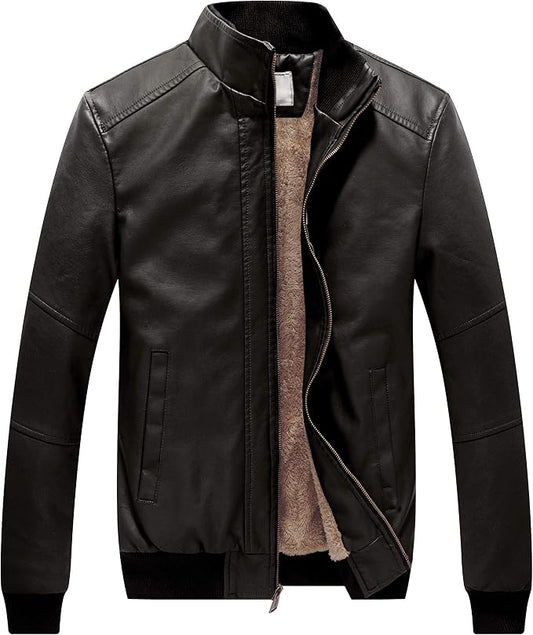 WenVen Men's Stand Collar Fleece Lined Faux Leather Jacket Warm Winter Coat