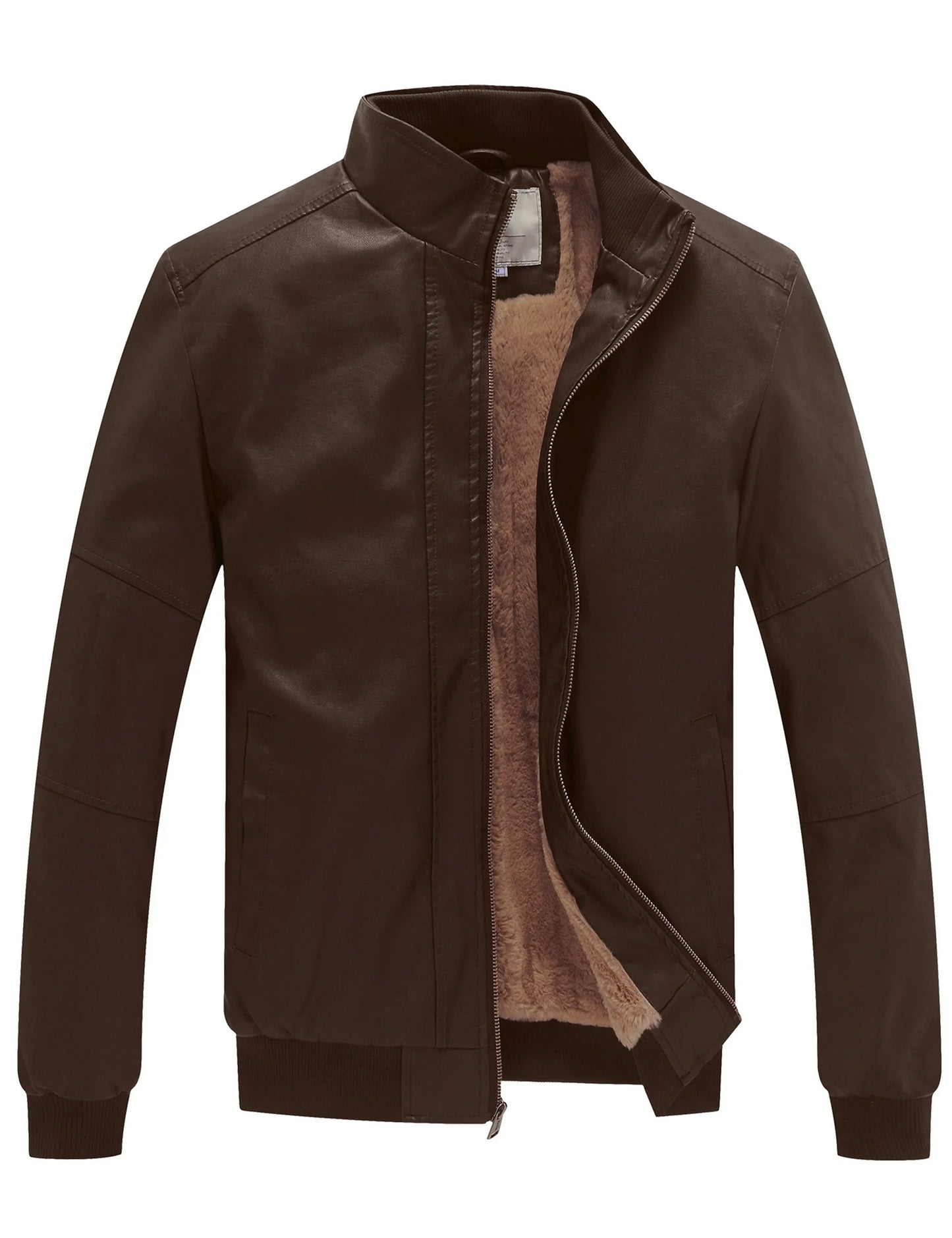 WenVen Men's Stand Collar Fleece Lined Faux Leather Jacket Warm Winter Coat