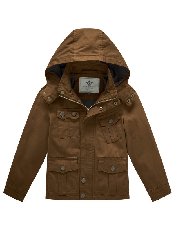 Boy's Lightweight Casual Cotton Military Jacket Outerwear with Hood
