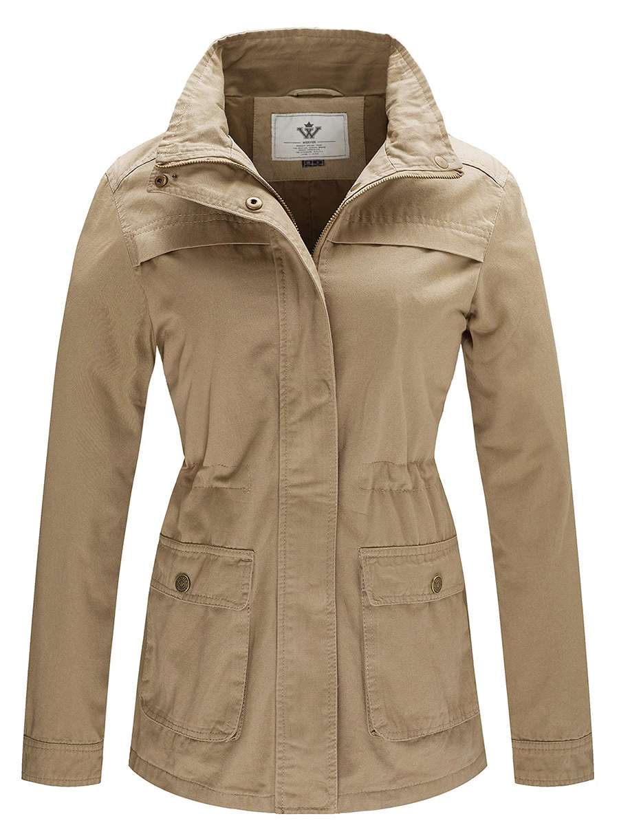 Women's Casual Military Jacket Cotton Stand Collar Utility Anorak Jacket