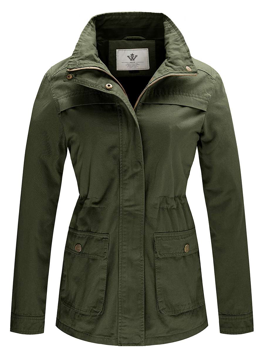 Women's Casual Military Jacket Cotton Stand Collar Utility Anorak Jacket