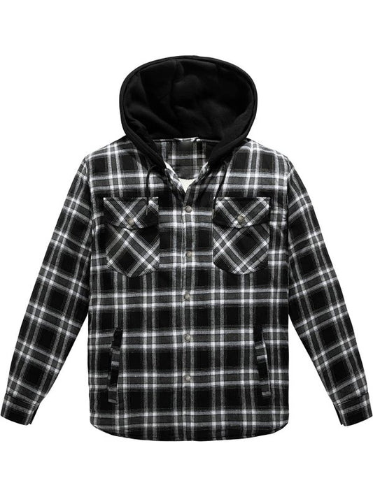 Men's Long Sleeve Sherpa lined Shirt Plaid Flannel Jacket with Hood