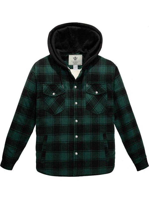 Men's Long Sleeve Sherpa lined Shirt Plaid Flannel Jacket with Hood