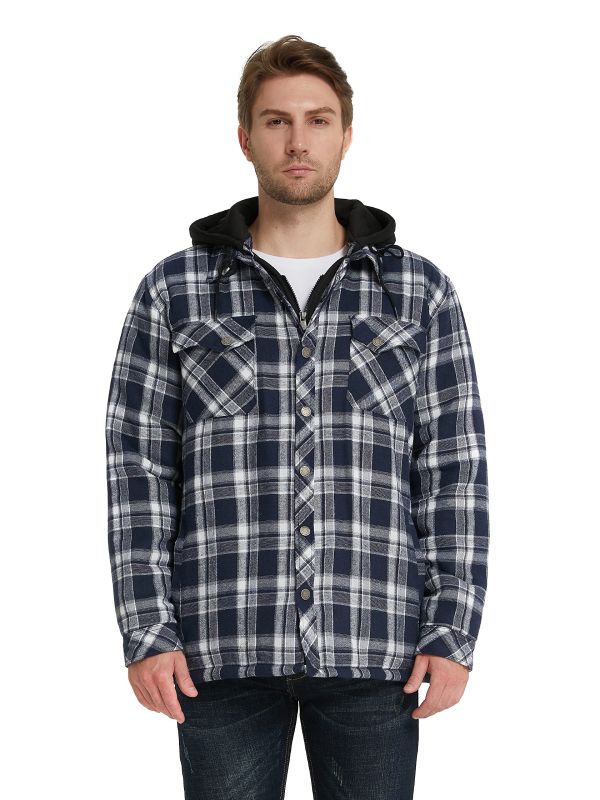 Men's Thicken Plaid Flannel Quilted Shirts Jacket with Removable Hood