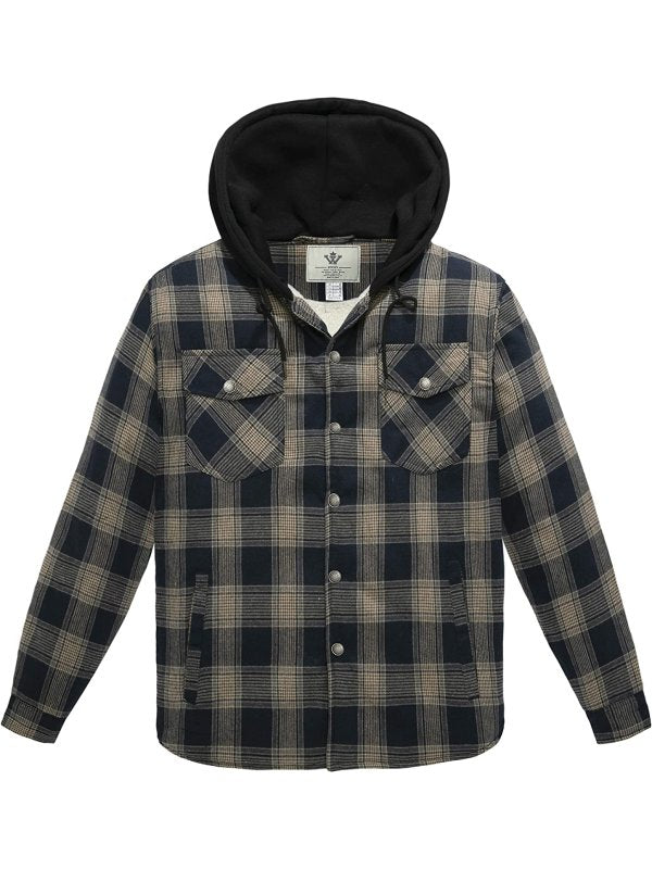 Men's Long Sleeve Sherpa lined Shirt Plaid Flannel Jacket with Hood