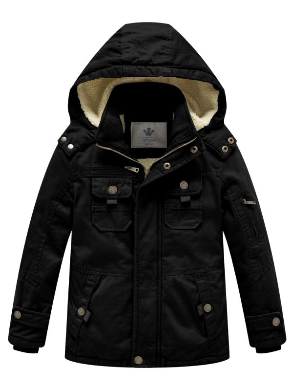 Boy's Winter Sherpa Jacket Heavy Twill Cotton Military Coat with Hood