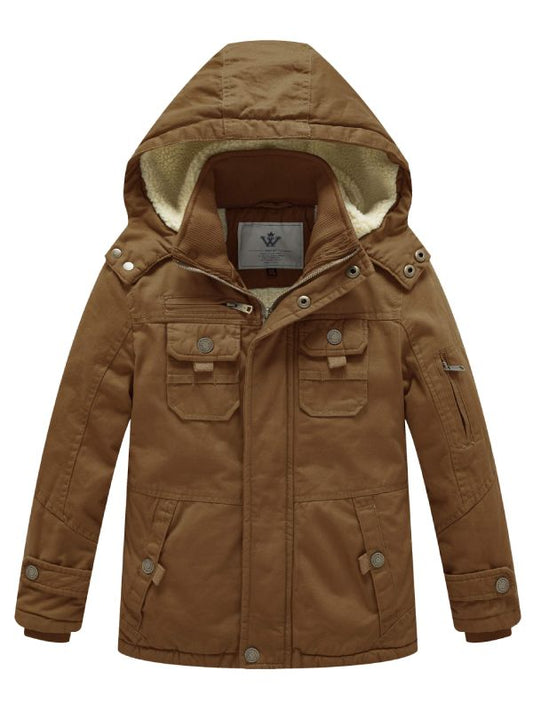 Boy's Winter Sherpa Jacket Heavy Twill Cotton Military Coat with Hood