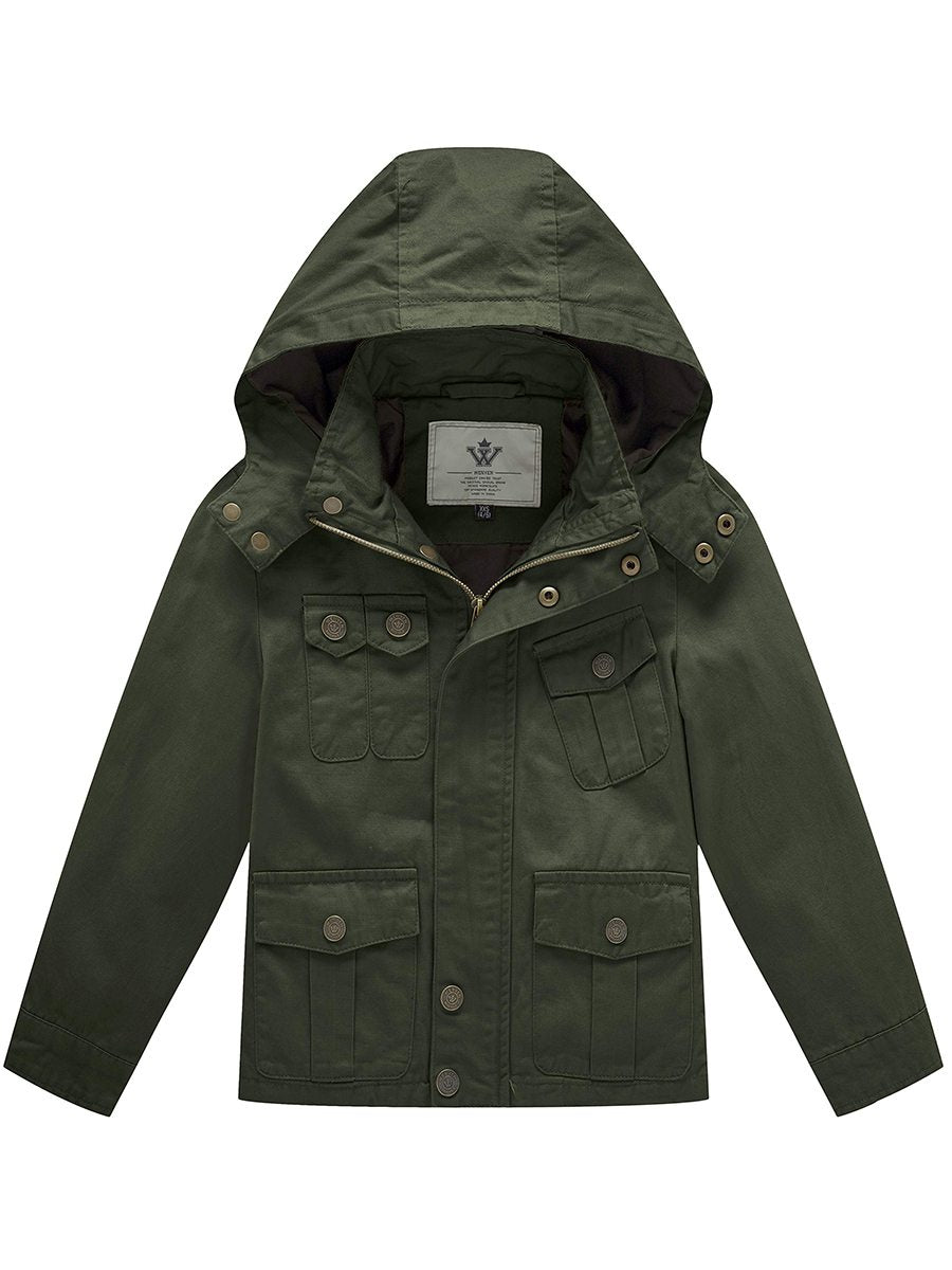 Boy's Lightweight Casual Cotton Military Jacket Outerwear with Hood