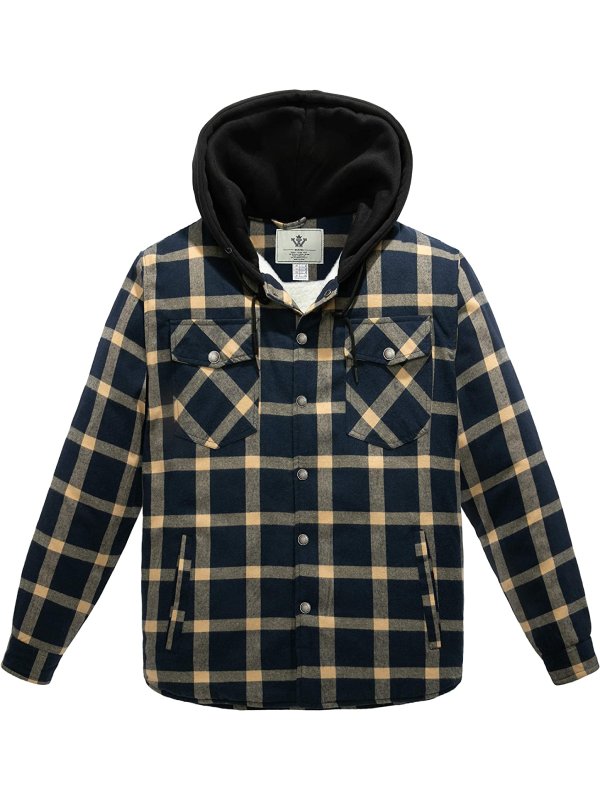 Men's Long Sleeve Sherpa lined Shirt Plaid Flannel Jacket with Hood