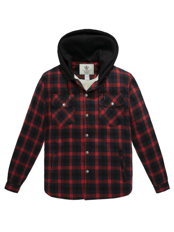 Men's Long Sleeve Sherpa lined Shirt Plaid Flannel Jacket with Hood