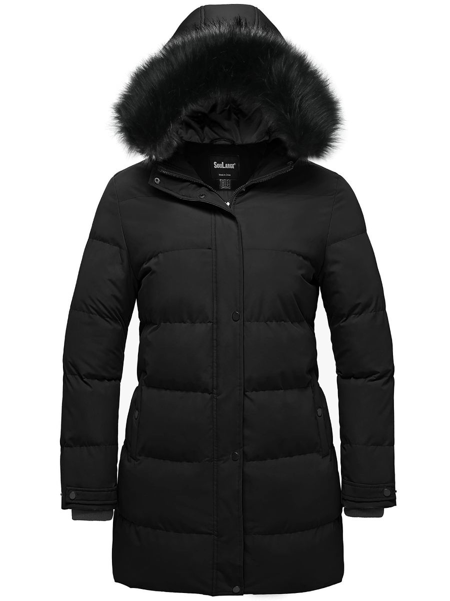 Soularge Women's Plus Size Long Quilted Winter Puffer Coat with Faux Fur Hood