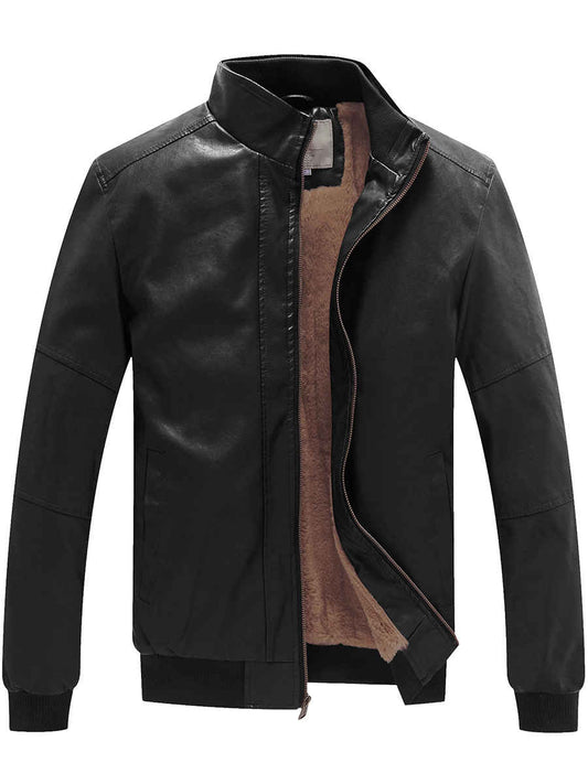 Men's Stand Collar Fleece Lined Bomber Faux Leather Jacket