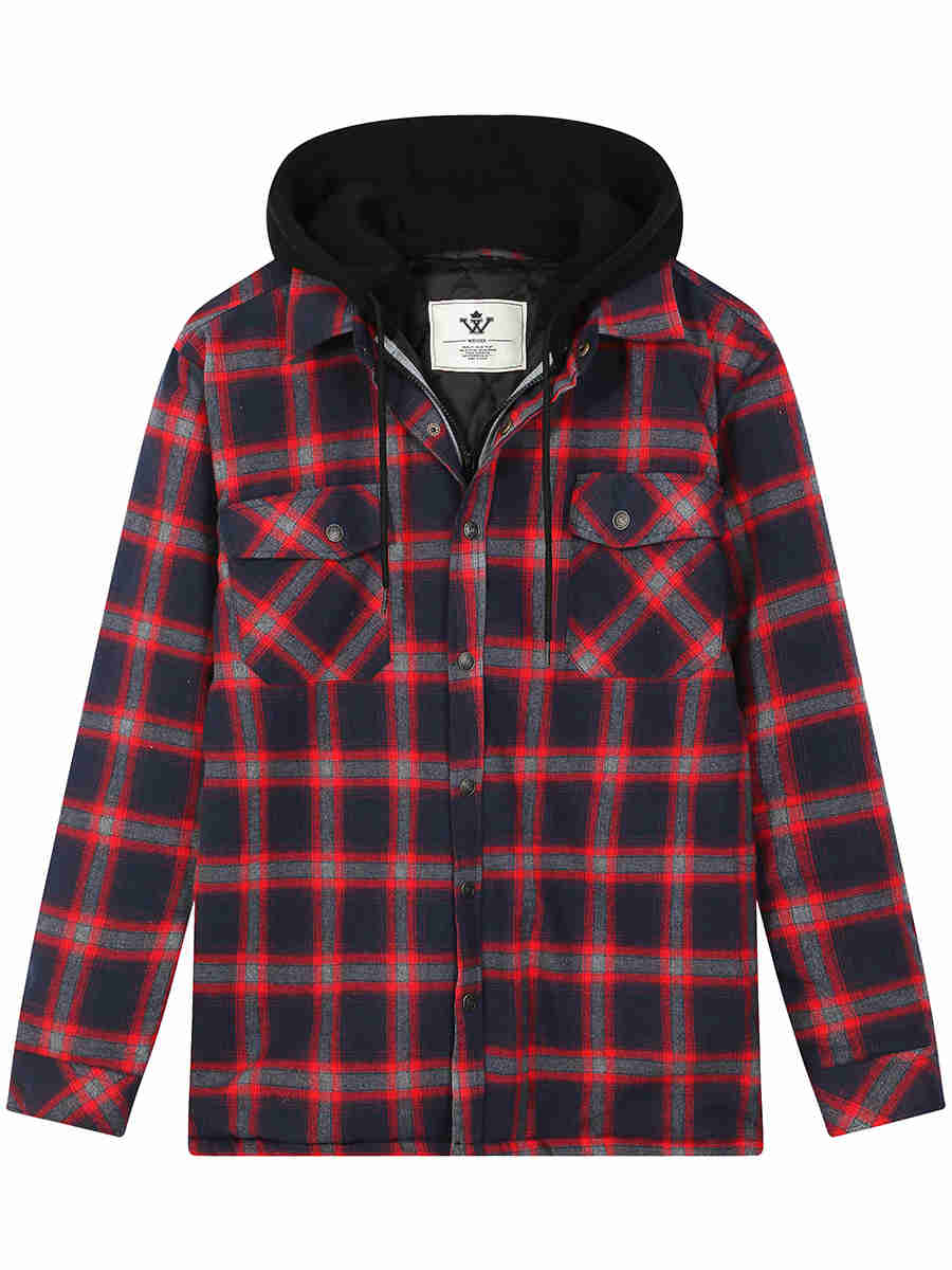 Men's Thicken Plaid Flannel Quilted Shirts Jacket with Removable Hood