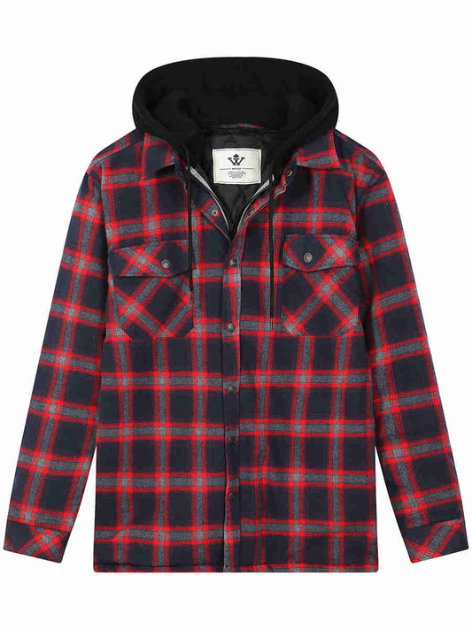 Men's Thicken Plaid Flannel Quilted Shirts Jacket with Removable Hood