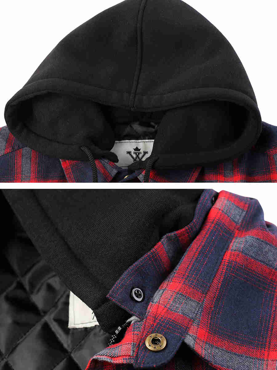 Men's Thicken Plaid Flannel Quilted Shirts Jacket with Removable Hood