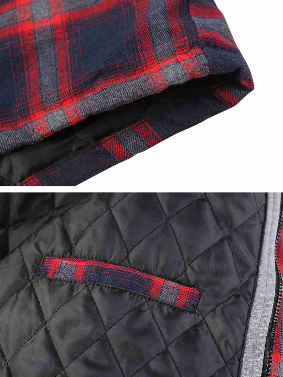 Men's Thicken Plaid Flannel Quilted Shirts Jacket with Removable Hood