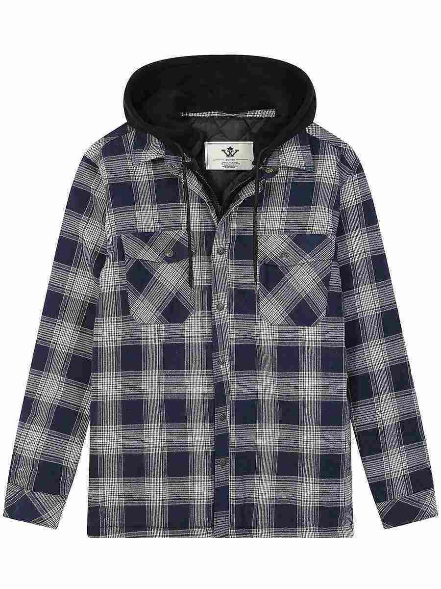 Men's Thicken Plaid Flannel Quilted Shirts Jacket with Removable Hood